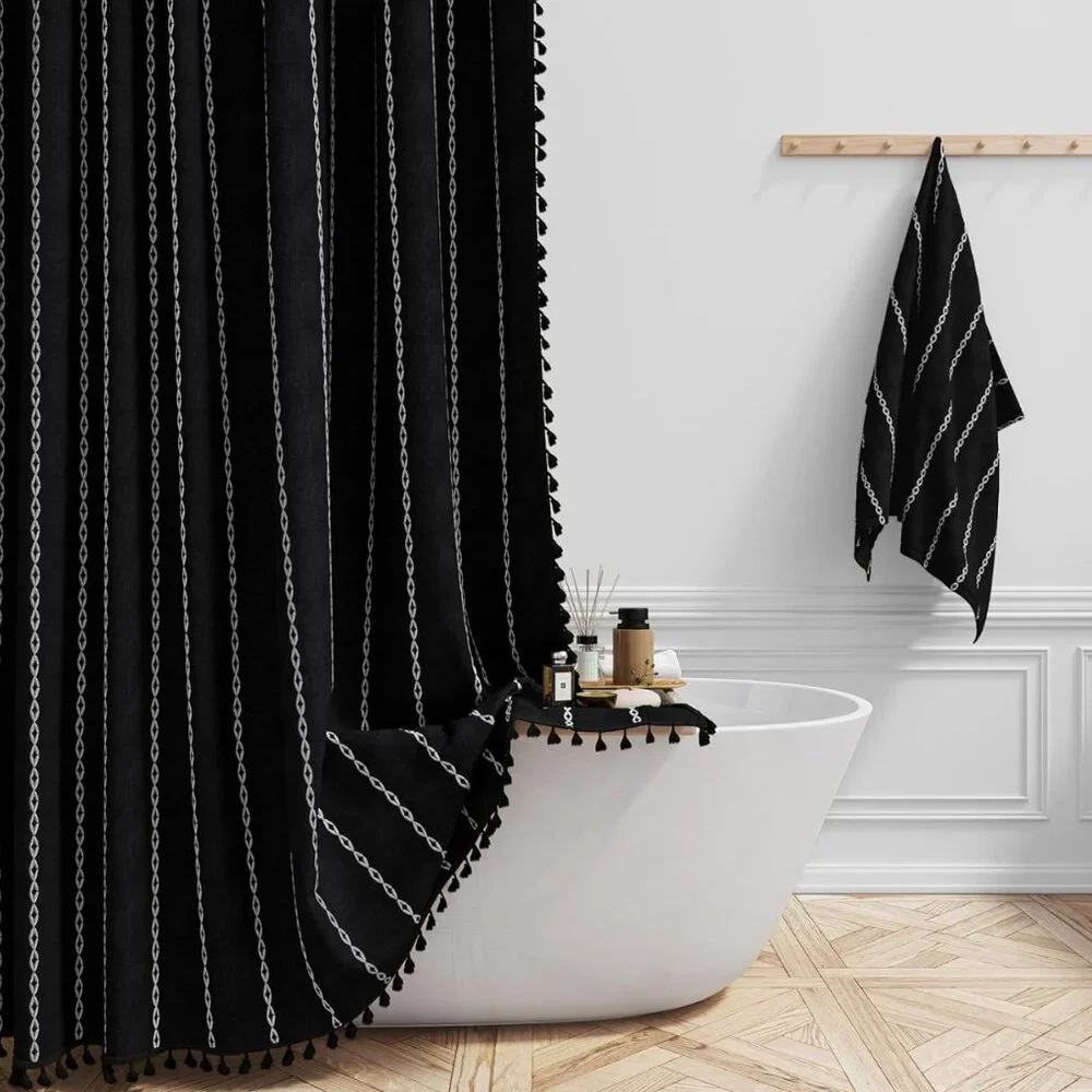 NEW - BTTN Extra Long Boho Rustic Striped Fabric Shower Curtain 72
